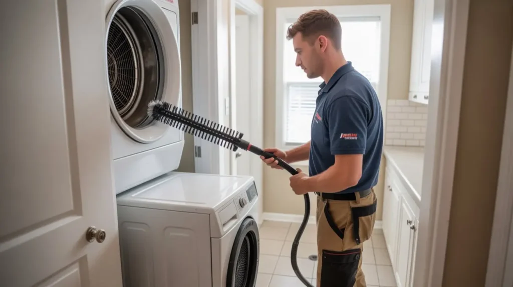 Professional dryer vent cleaning technician in Fort Collins home laundry room