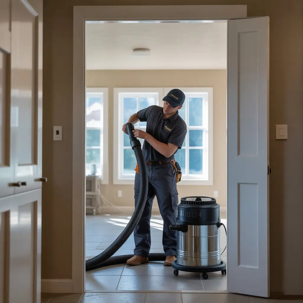 Professional air duct cleaning technician preparing duct cleaning equipment for vent cleaning in a Fort Collins home
