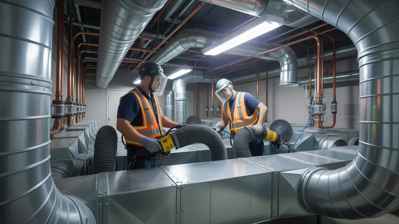 Two HVAC technician connecting cleaning equipment to large metal ductwork for Commercial duct cleaning in a mechanical room