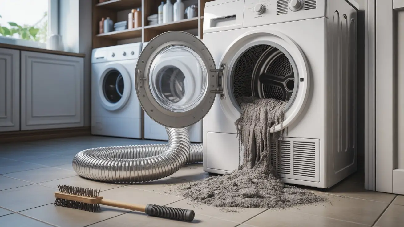 Dryer vent cleaning setup with detached hose, lint buildup, and cleaning brush