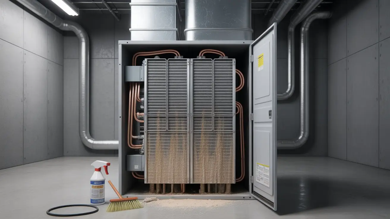Open furnace cabinet with evaporator coils and coil cleaning tools positioned nearby