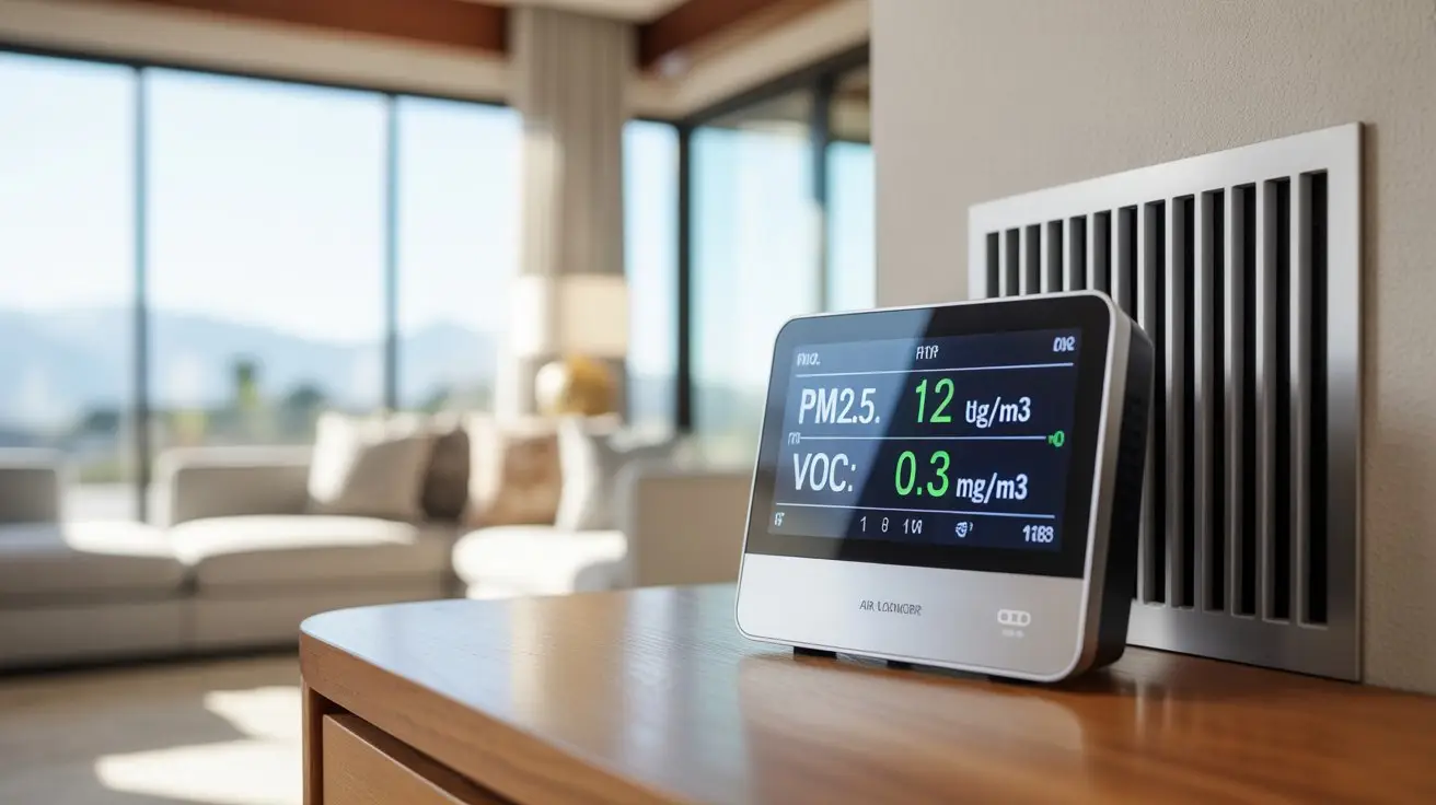 Digital indoor air quality monitor showing PM2.5 and VOC readings near a wall air vent.