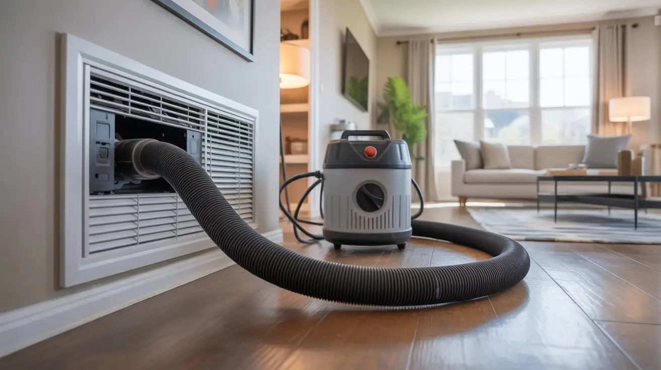Residential wall air duct cleaning setup with rotary brush hose and negative air machine.