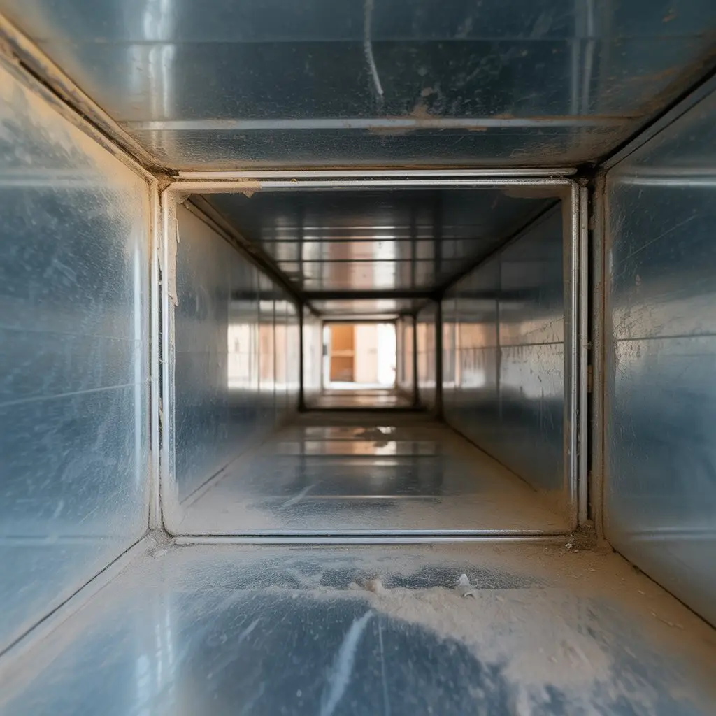 Dust and debris buildup inside a residential air duct.